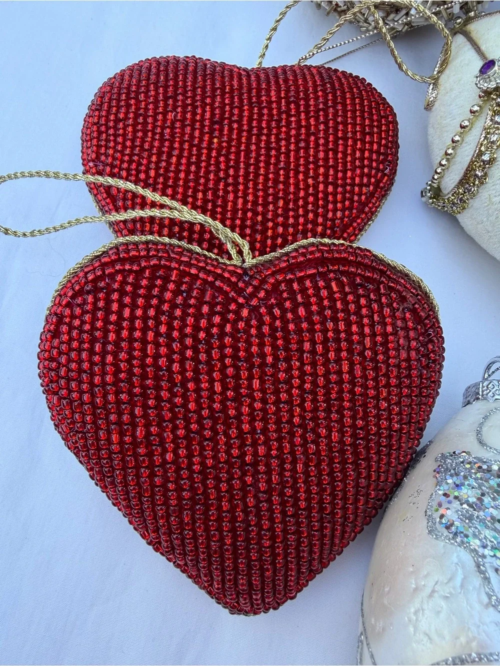 Lot of assorted Holiday Christmas Ornaments in Red, Gold, and White